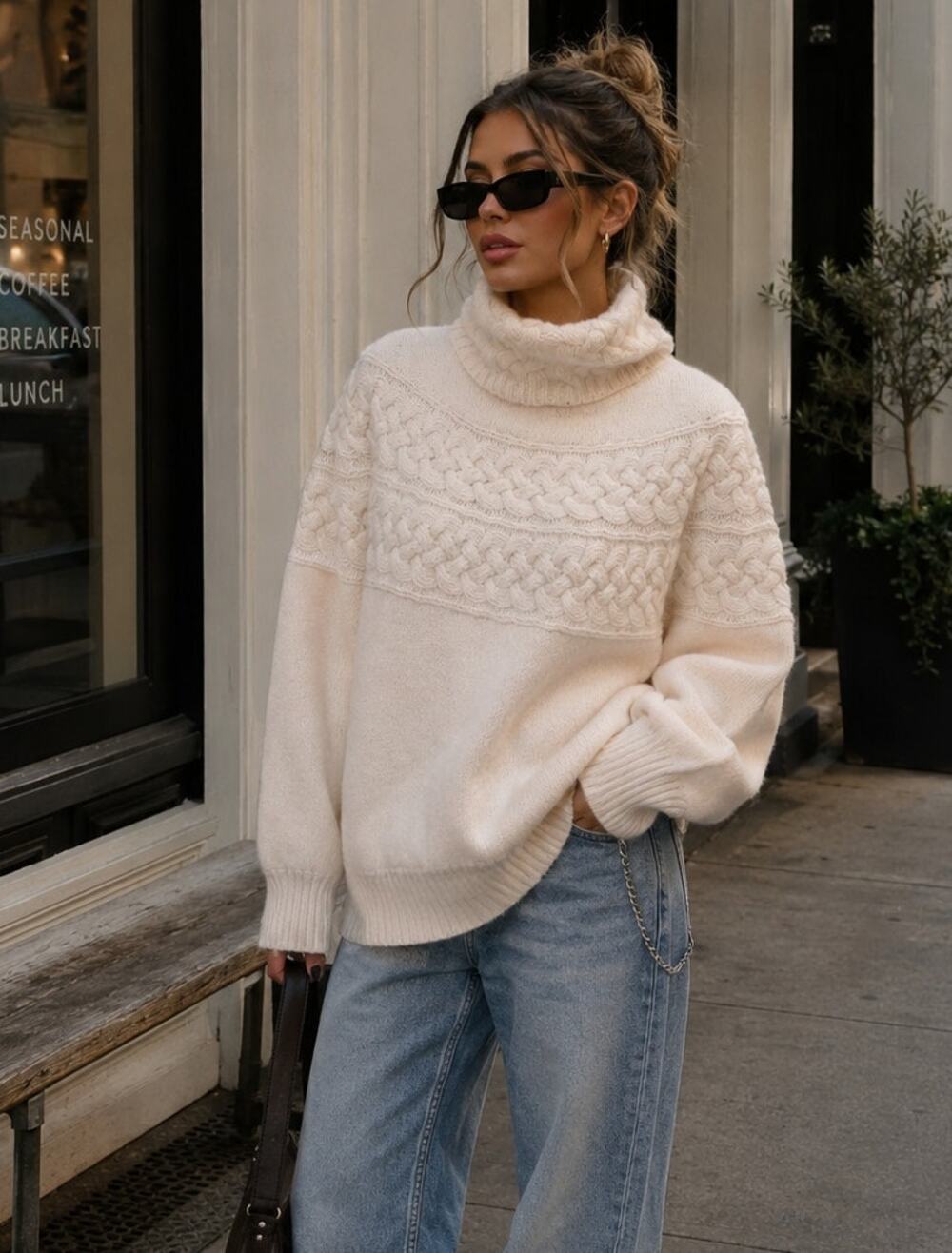 Vintage 80s Sideffects Angora Lambswool Cable Knit Cowl Neck Sweater Cream M Y2K